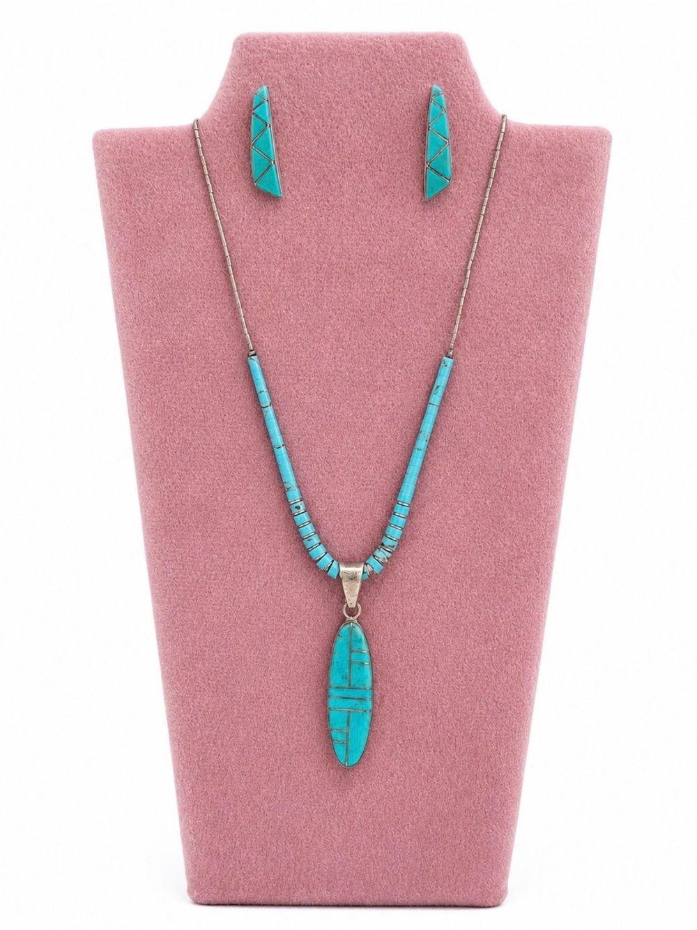 Vintage Zuni Sterling Silver Turquoise Inlay Set Eldred Singledecker